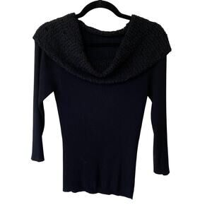 Black Long Sleeve Stretchy Blouse Shawl Cowel Crochet Wide Neckline Medium